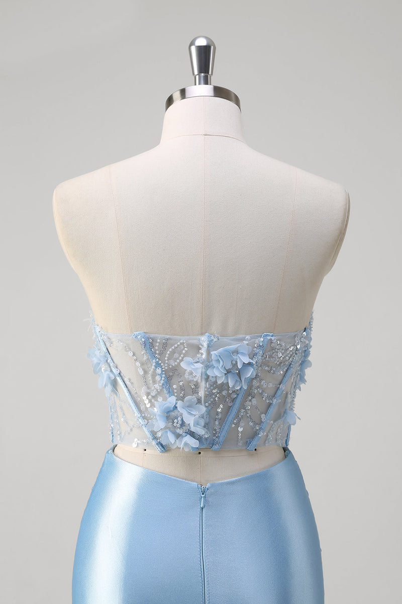 Load image into Gallery viewer, Blue Mermaid Floral Strapless Corset Long Prom Dress With Slit