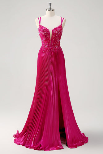 Fuchsia Spaghetti Straps Pleated Long Corset Prom Dress with Appliques