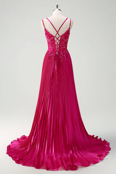 Fuchsia Spaghetti Straps Pleated Long Corset Prom Dress with Appliques