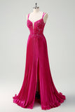 Fuchsia Spaghetti Straps Pleated Long Corset Prom Dress with Appliques