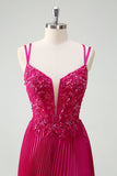 Fuchsia Spaghetti Straps Pleated Long Corset Prom Dress with Appliques