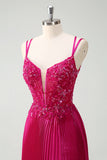 Fuchsia Spaghetti Straps Pleated Long Corset Prom Dress with Appliques