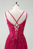 Fuchsia Spaghetti Straps Pleated Long Corset Prom Dress with Appliques