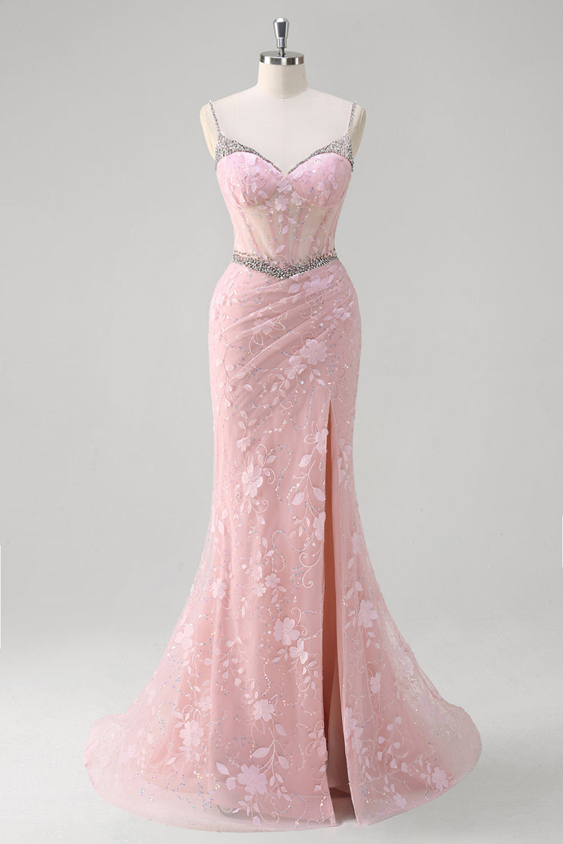 Load image into Gallery viewer, Pink Mermaid Spaghetti Straps Sequined Floral Corset Prom Dress with Beading