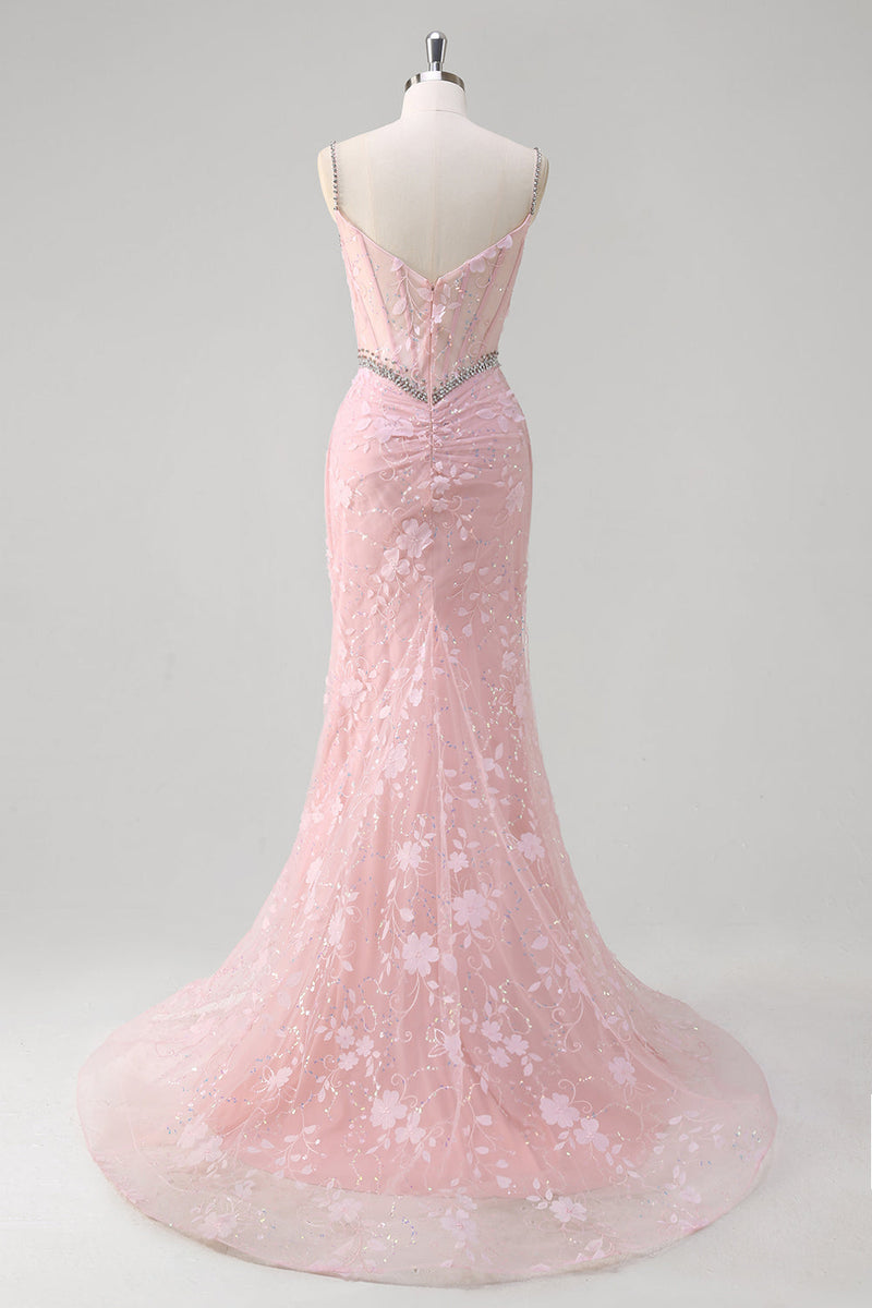 Load image into Gallery viewer, Pink Mermaid Spaghetti Straps Sequined Floral Corset Prom Dress with Beading