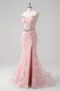 Load image into Gallery viewer, Pink Mermaid Spaghetti Straps Sequined Floral Corset Prom Dress with Beading