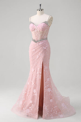 Pink Mermaid Spaghetti Straps Sequined Floral Corset Prom Dress with Beading