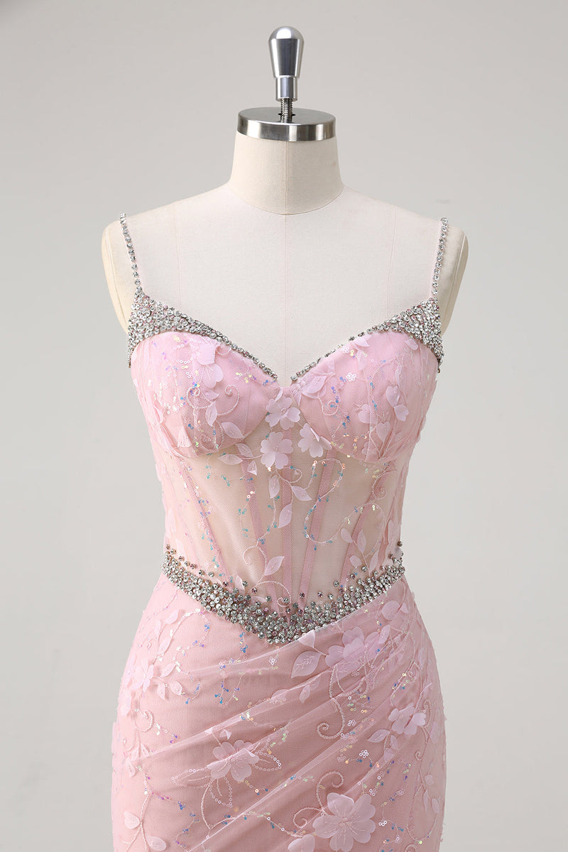 Load image into Gallery viewer, Pink Mermaid Spaghetti Straps Sequined Floral Corset Prom Dress with Beading