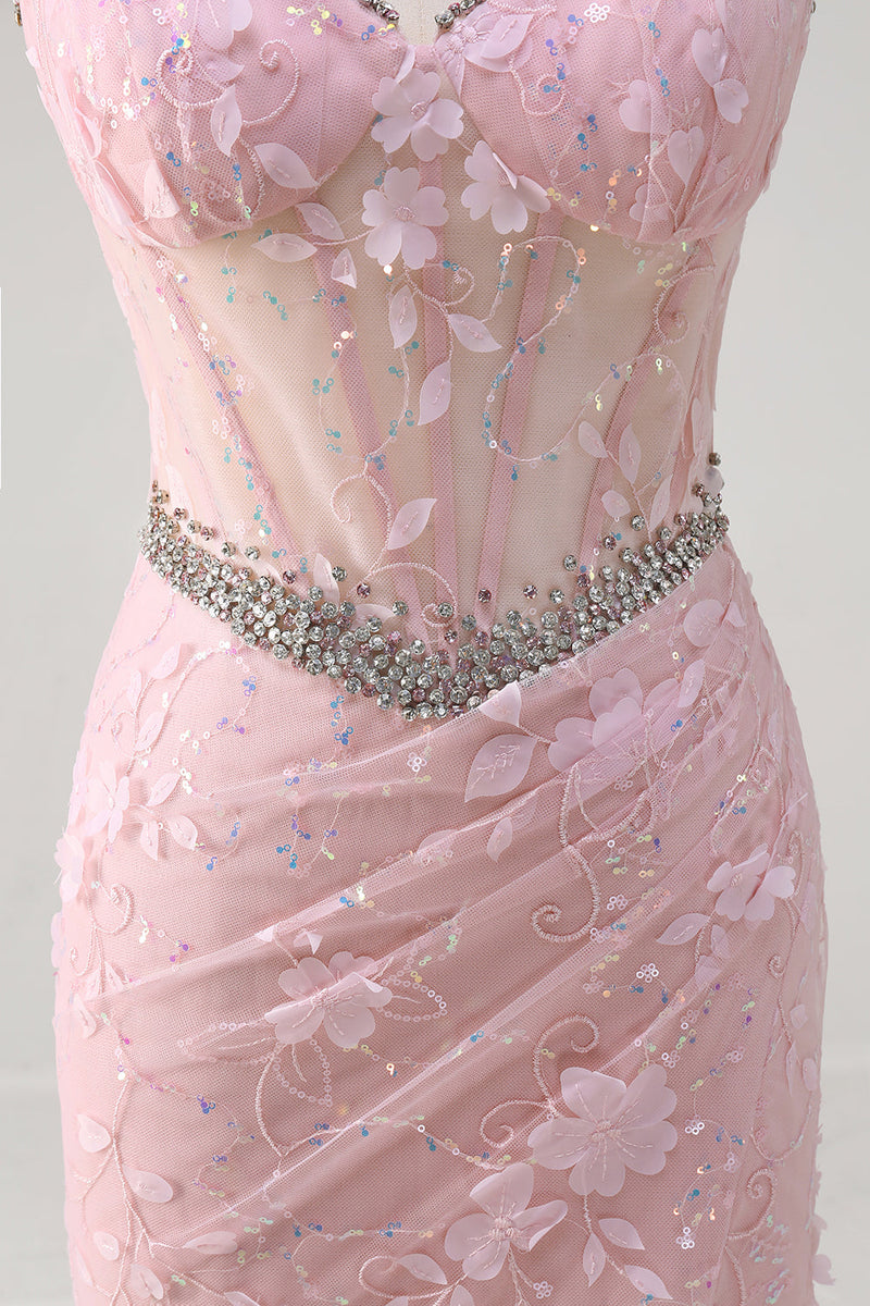 Load image into Gallery viewer, Pink Mermaid Spaghetti Straps Sequined Floral Corset Prom Dress with Beading