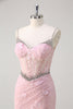 Load image into Gallery viewer, Pink Mermaid Spaghetti Straps Sequined Floral Corset Prom Dress with Beading