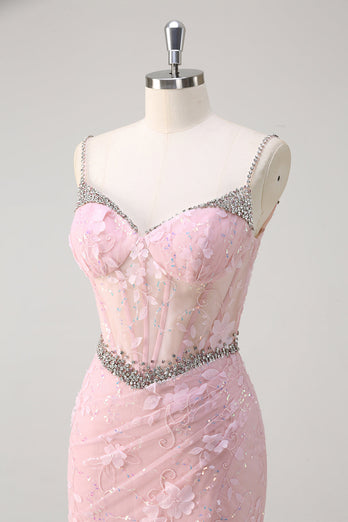 Pink Mermaid Spaghetti Straps Sequined Floral Corset Prom Dress with Beading