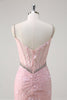 Load image into Gallery viewer, Pink Mermaid Spaghetti Straps Sequined Floral Corset Prom Dress with Beading