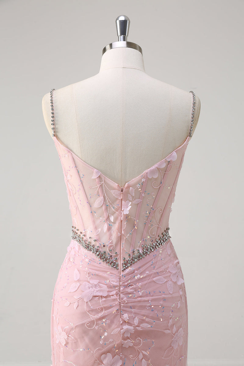 Load image into Gallery viewer, Pink Mermaid Spaghetti Straps Sequined Floral Corset Prom Dress with Beading