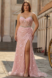 Pink Mermaid Spaghetti Straps Corset Plus Size Prom Dress with Slit