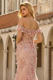 Off The Shoulder Mermaid Blush Side Slit Long Prom Dress with 3D Flowers