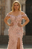 Blush 3D Flowers Mermaid Off the Shoulder Long Plus Size Prom Dress With Slit