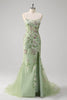 Load image into Gallery viewer, Green Mermaid Halter Corset Appliqued Long Prom Dress With Slit