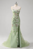 Green Mermaid Corset Embroidered Long Plus Size Prom Dress with Slit