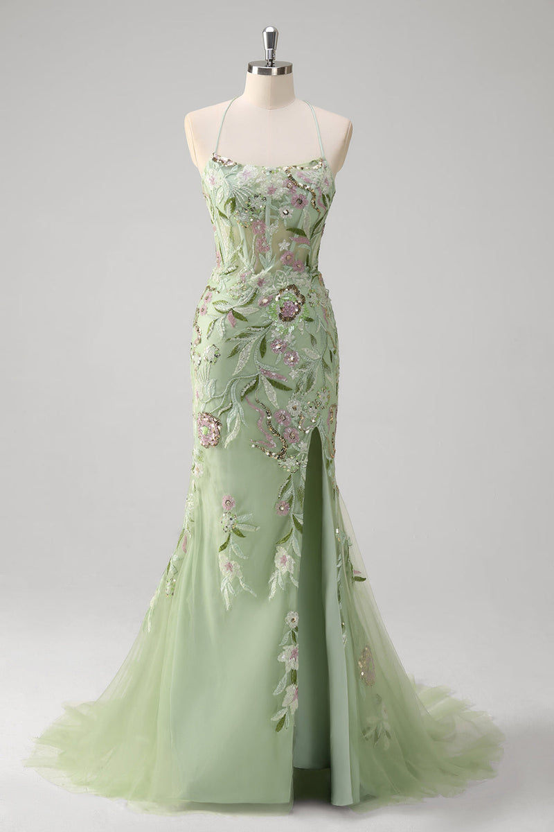 Load image into Gallery viewer, Green Mermaid Halter Corset Appliqued Long Prom Dress With Slit