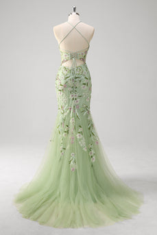 Green Mermaid Halter Corset Appliqued Long Prom Dress With Slit