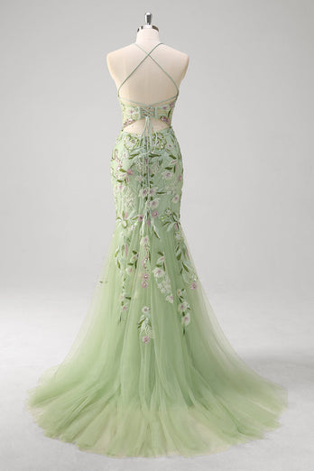 Green Mermaid Halter Corset Appliqued Long Prom Dress With Slit