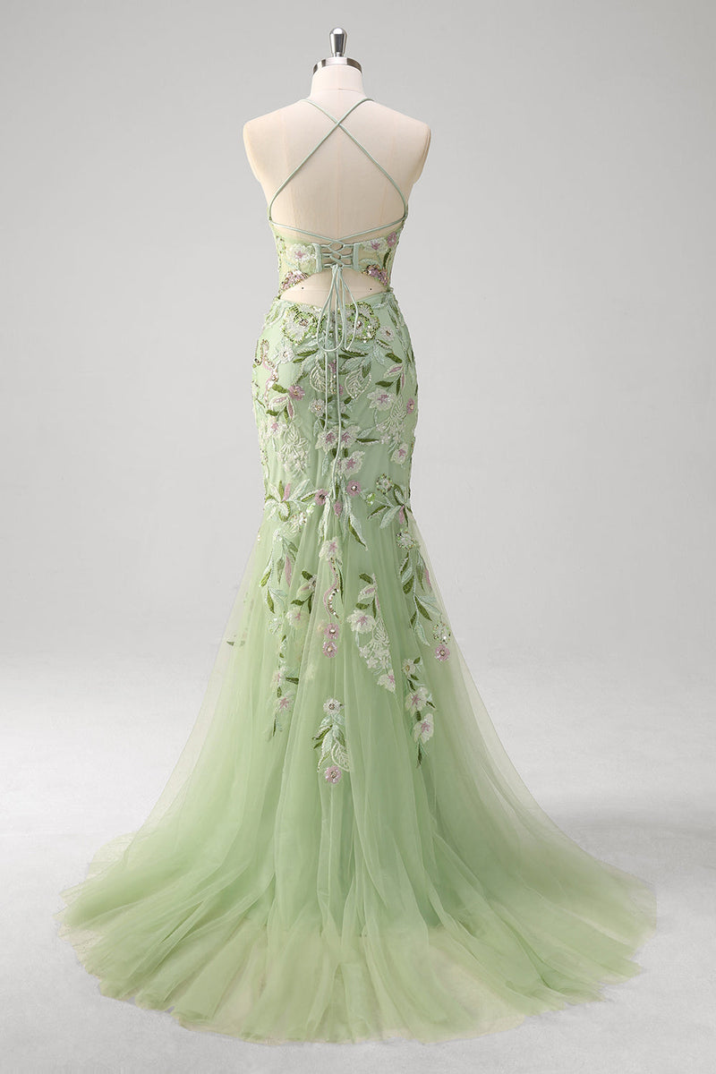 Load image into Gallery viewer, Green Mermaid Halter Corset Appliqued Long Prom Dress With Slit