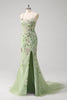 Load image into Gallery viewer, Green Mermaid Halter Corset Appliqued Long Prom Dress With Slit