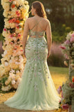 Green Mermaid Corset Embroidered Long Plus Size Prom Dress with Slit
