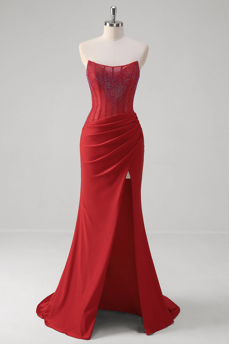 Load image into Gallery viewer, Beaded Strapless Mermaid Corset Long Red Prom Dress with Slit