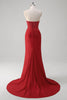 Load image into Gallery viewer, Sparkly Red Mermaid Corset Strapless Long Prom Dress With Slit