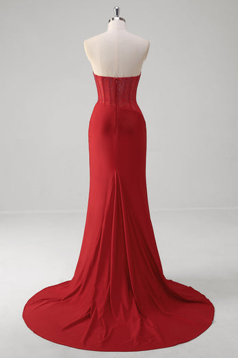 Beaded Strapless Mermaid Corset Long Red Prom Dress with Slit