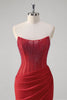 Load image into Gallery viewer, Sparkly Red Mermaid Corset Strapless Long Prom Dress With Slit