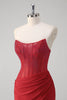 Load image into Gallery viewer, Sparkly Red Mermaid Corset Strapless Long Prom Dress With Slit