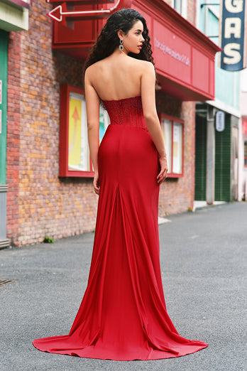 Sparkly Red Mermaid Corset Strapless Long Prom Dress With Slit