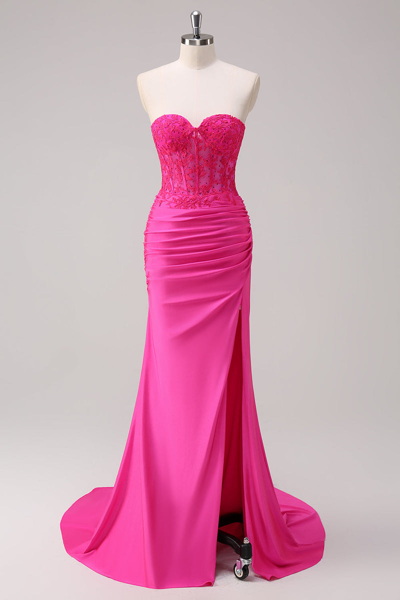 Load image into Gallery viewer, Fuchsia Mermaid Strapless Ruched Corset Long Prom Dress with Slit