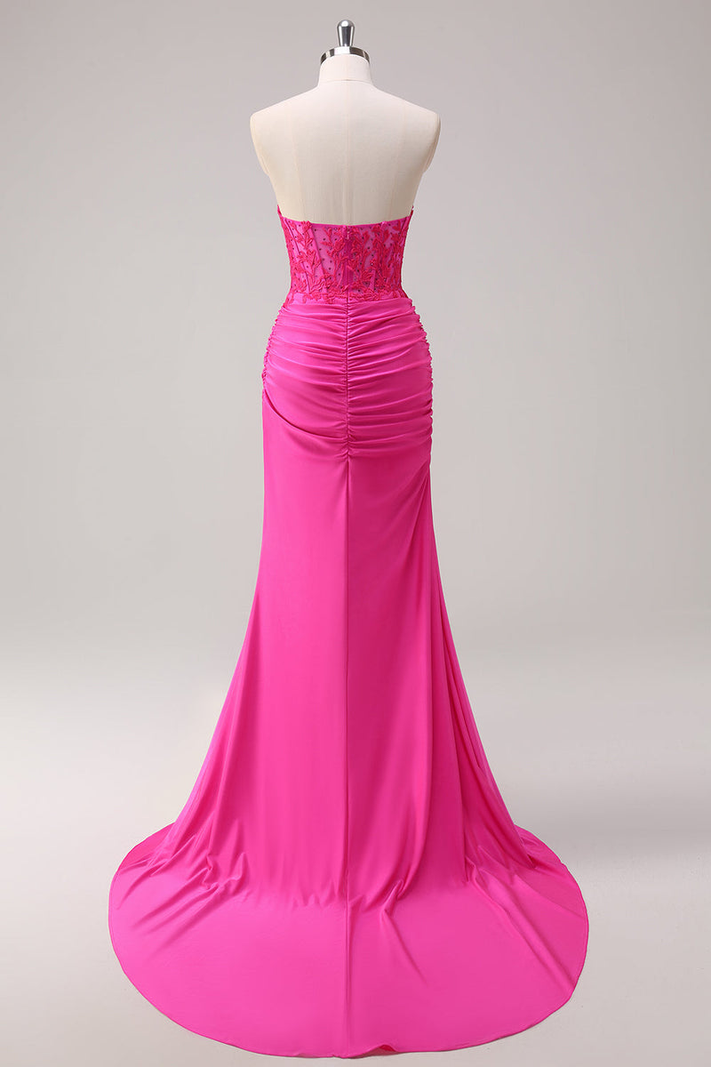 Load image into Gallery viewer, Mermaid Applique Strapless Corset Long Fuchsia Prom Dress with Slit