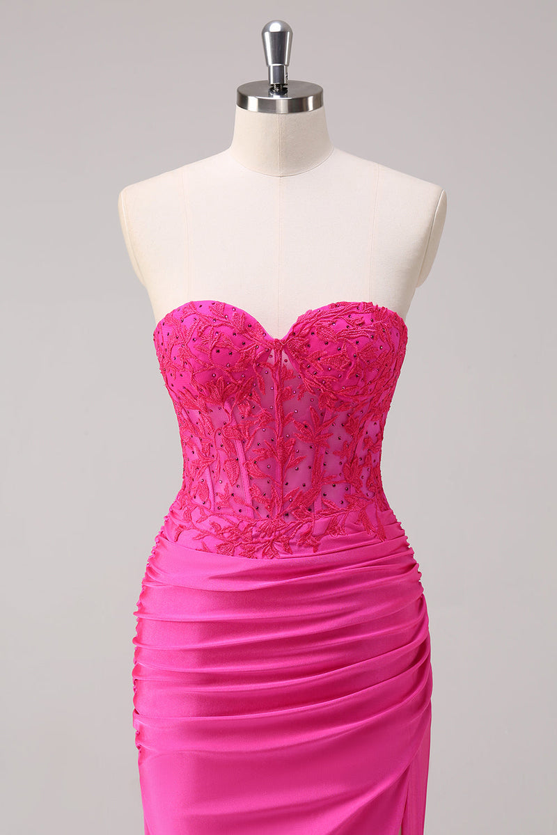 Load image into Gallery viewer, Fuchsia Mermaid Strapless Ruched Corset Long Prom Dress with Slit