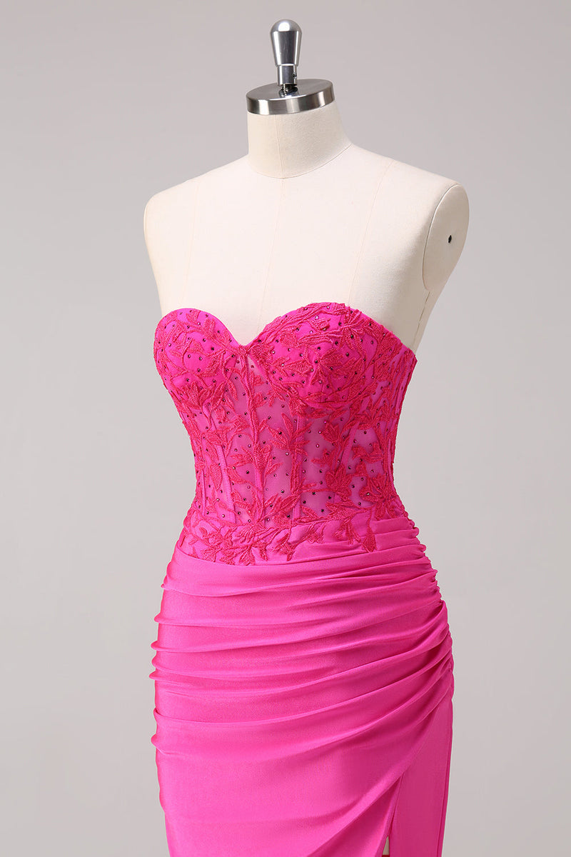 Load image into Gallery viewer, Fuchsia Mermaid Strapless Ruched Corset Long Prom Dress with Slit