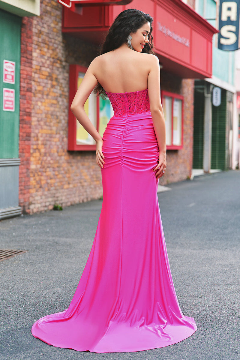 Load image into Gallery viewer, Mermaid Applique Strapless Corset Long Fuchsia Prom Dress with Slit