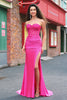 Load image into Gallery viewer, Mermaid Applique Strapless Corset Long Fuchsia Prom Dress with Slit