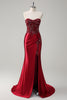 Load image into Gallery viewer, Mermaid Burgundy Strapless Sequin Long Prom Dress with Beading