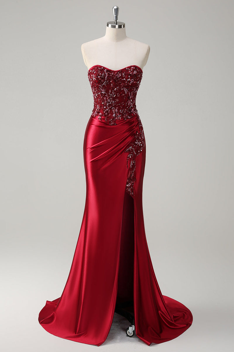 Load image into Gallery viewer, Mermaid Burgundy Strapless Sequin Long Prom Dress with Beading