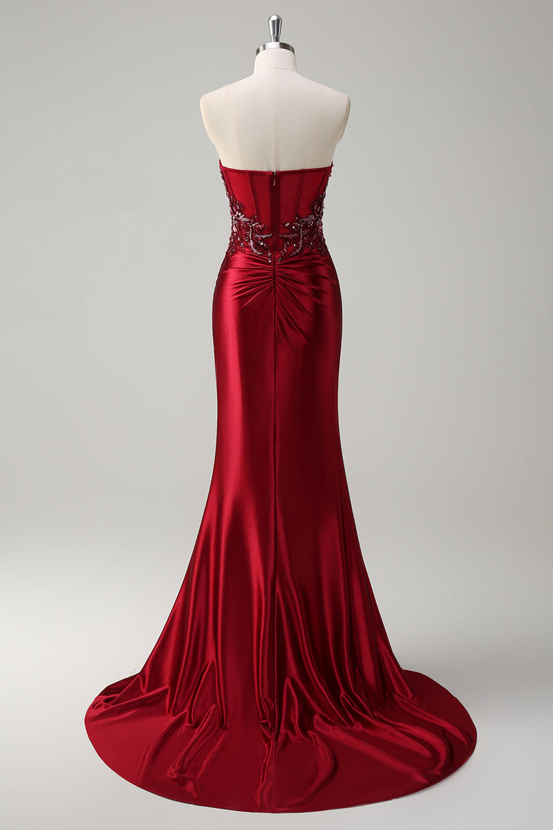 Load image into Gallery viewer, Mermaid Burgundy Strapless Sequin Long Prom Dress with Beading