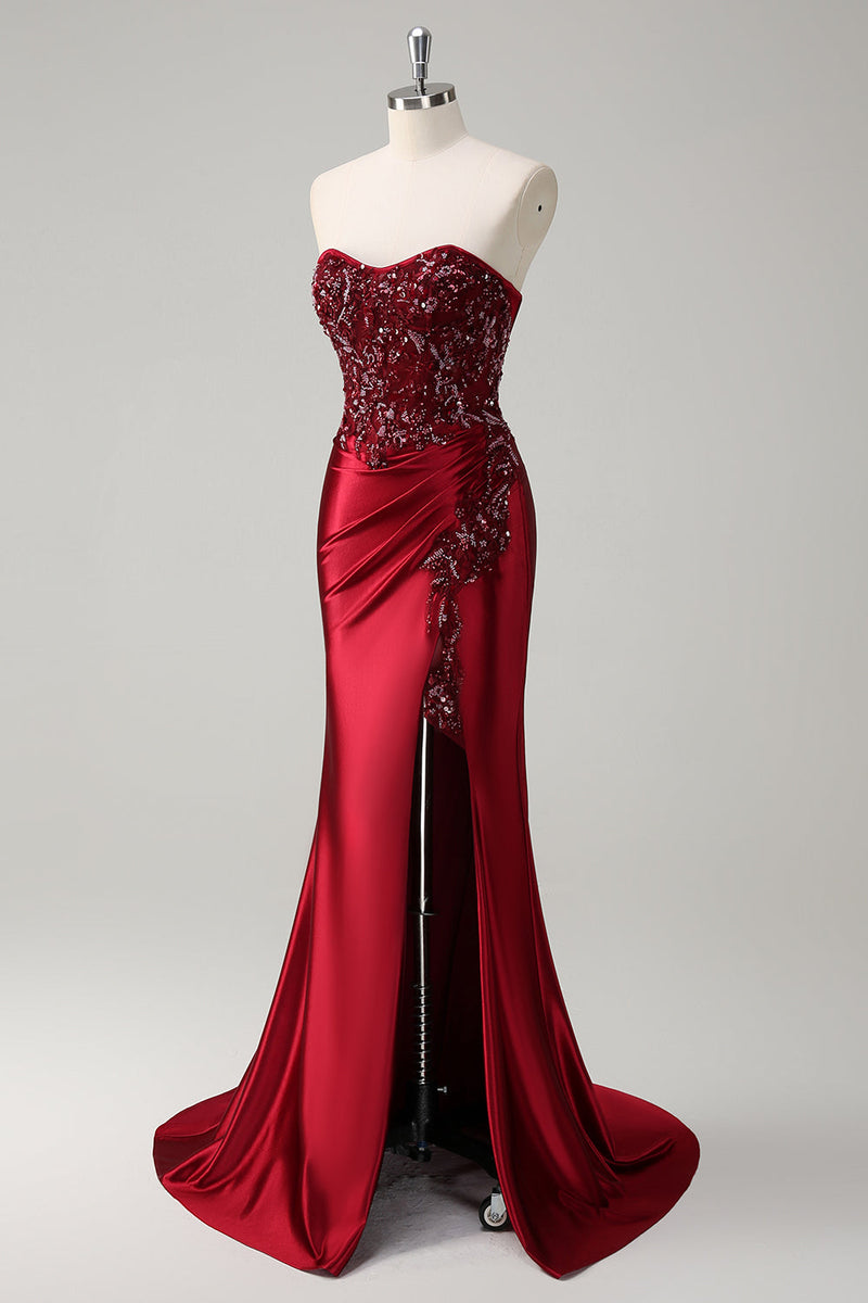 Load image into Gallery viewer, Mermaid Burgundy Strapless Sequin Long Prom Dress with Beading