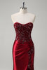 Load image into Gallery viewer, Mermaid Burgundy Strapless Sequin Long Prom Dress with Beading