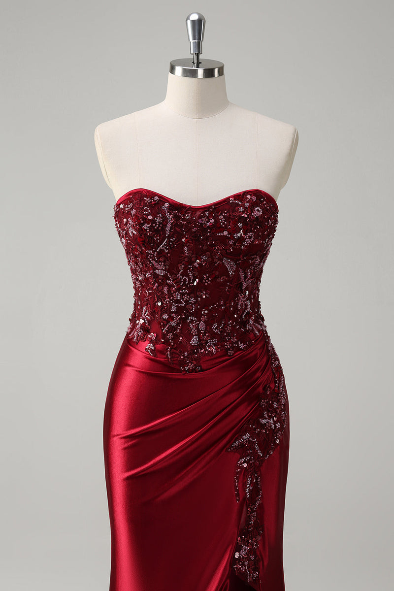 Load image into Gallery viewer, Mermaid Burgundy Strapless Sequin Long Prom Dress with Beading