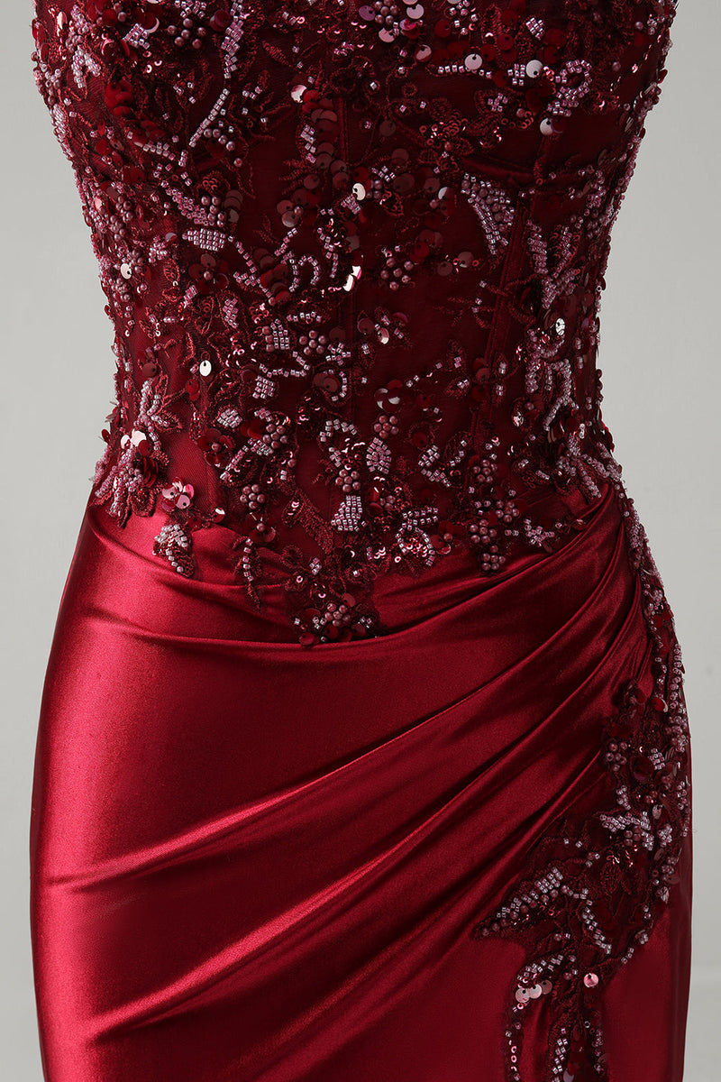 Load image into Gallery viewer, Mermaid Burgundy Strapless Sequin Long Prom Dress with Beading