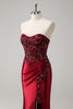 Load image into Gallery viewer, Mermaid Burgundy Strapless Sequin Long Prom Dress with Beading