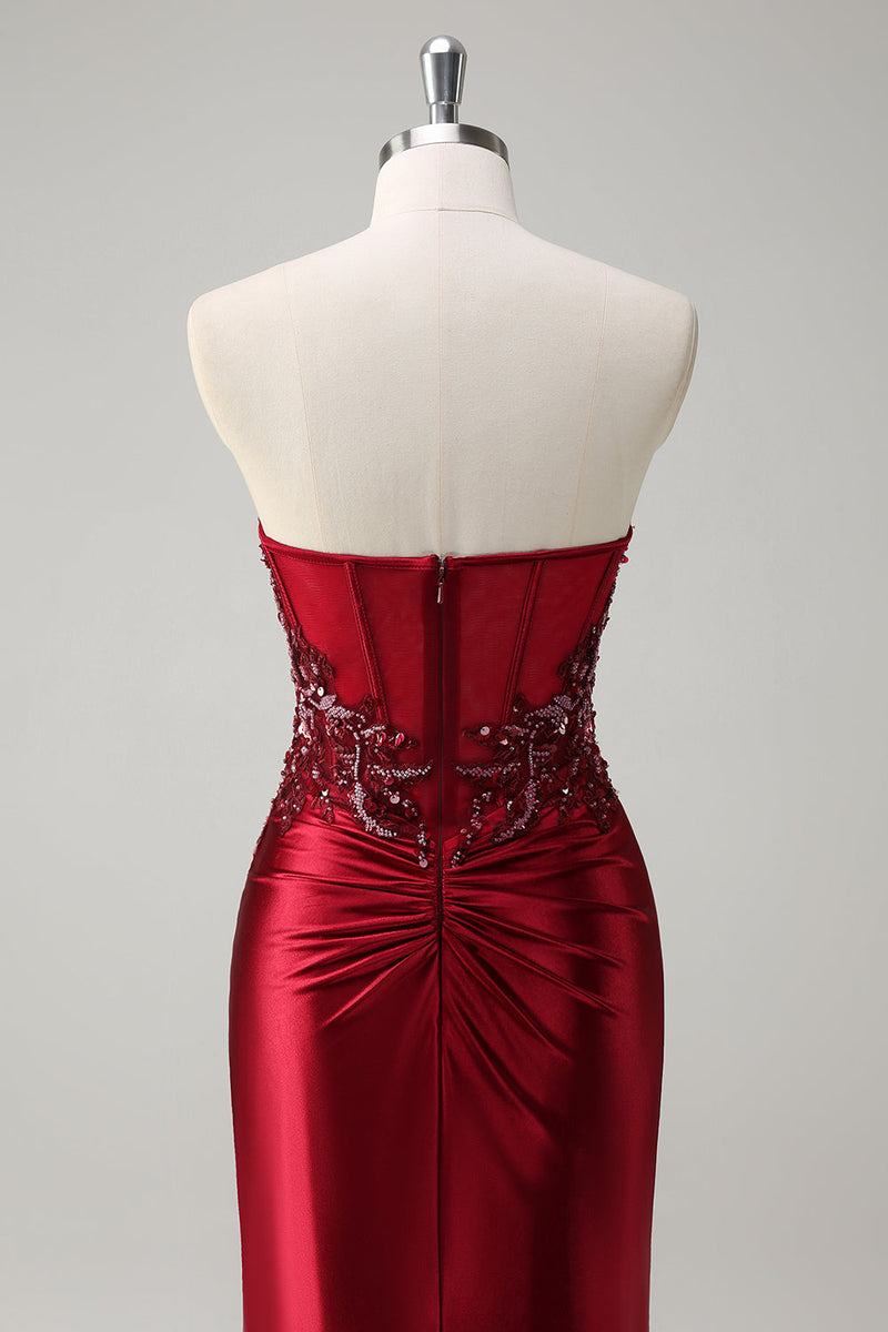 Load image into Gallery viewer, Mermaid Burgundy Strapless Sequin Long Prom Dress with Beading