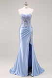 Sparkly Blue Mermaid Corset Satin Long Prom Dress with Slit